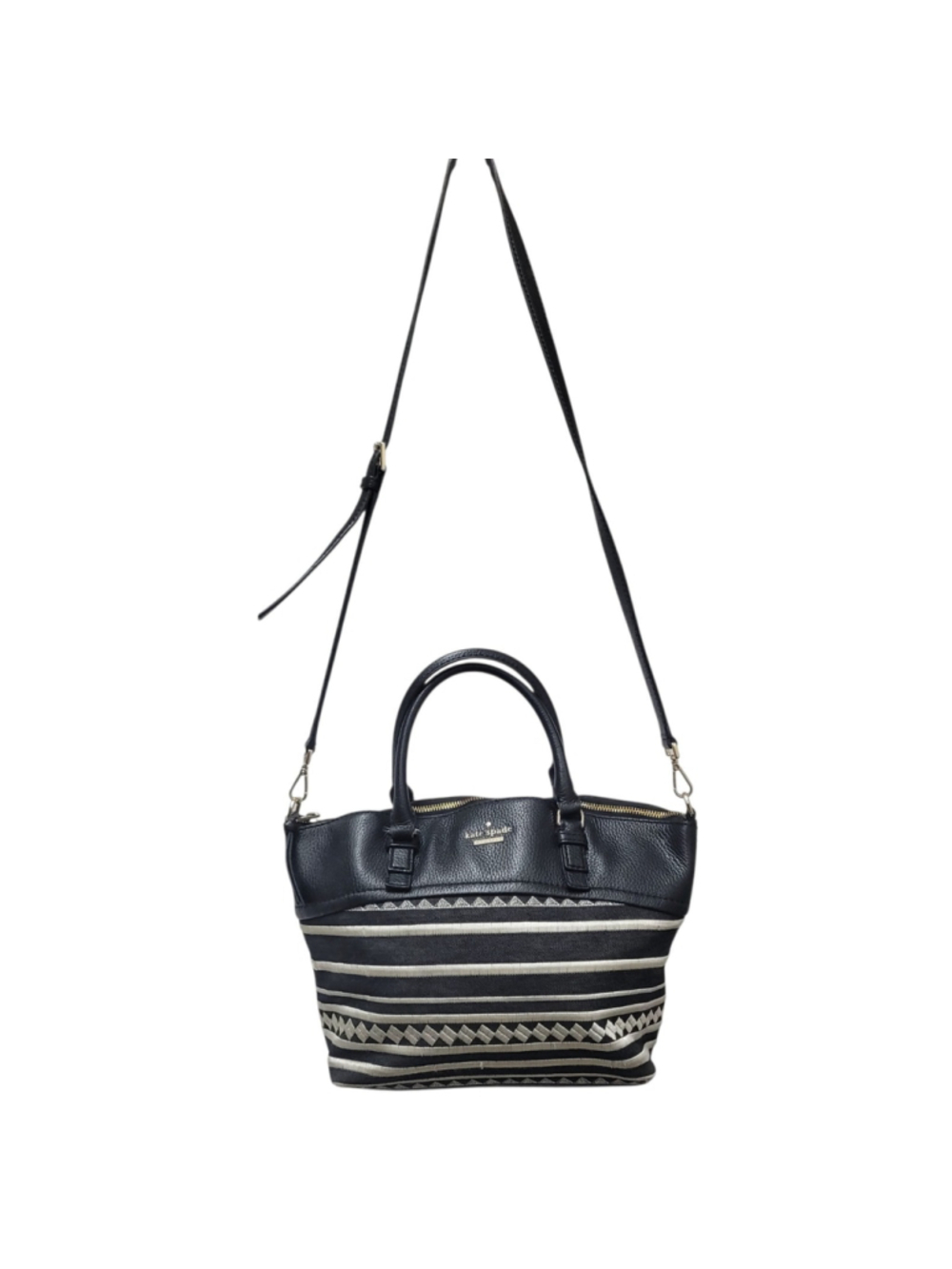 KATE SPADE Double-Handle Crossbody Handbag Black/White Embroidered Leather Trim